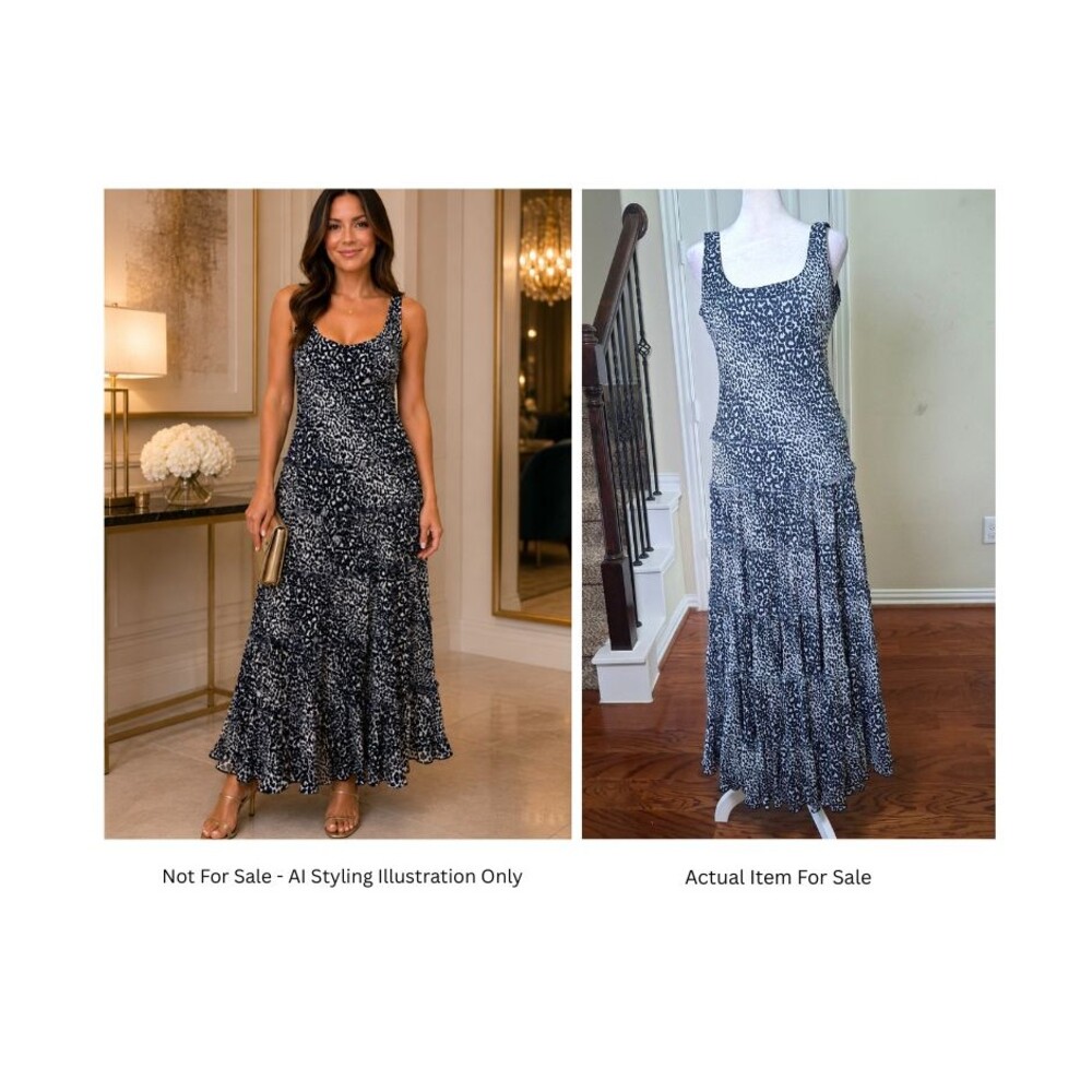 Jones NY Dress Women 4 Blue Animal Print Boho Chiffon Tiered Y2K Fairy Grunge